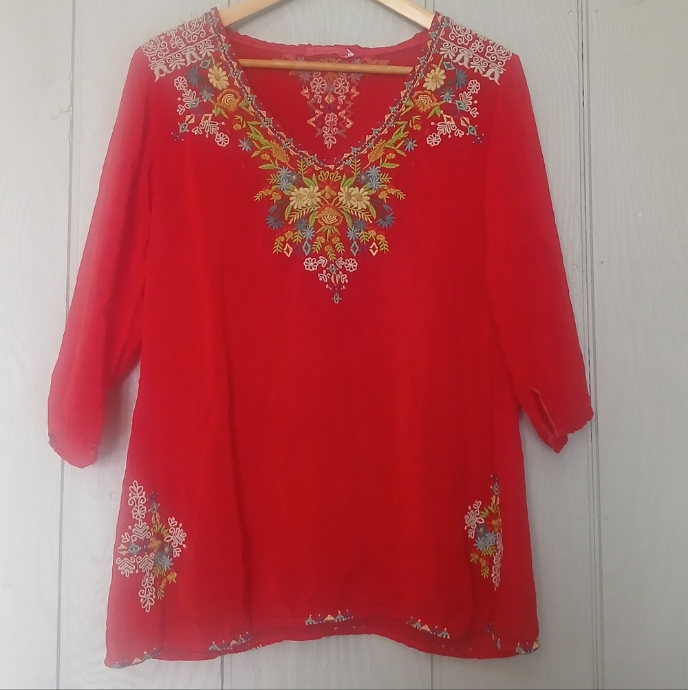 Johnny Was Mary Ann Embroidered Floral Red Semi Sheer Women's Top Size Small